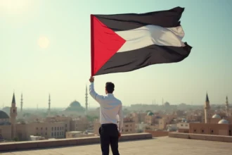 Jeune homme arabe déployant un drapeau dans la ville