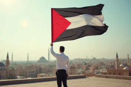 Jeune homme arabe déployant un drapeau dans la ville