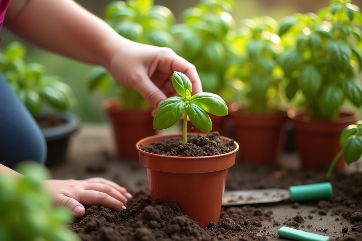 Enfant plantant du basilic dans un pot en extérieur