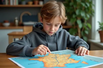 Jeune garçon étudiant avec carte de France à la maison