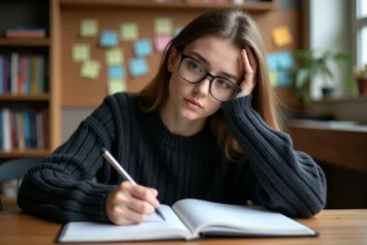 Jeune étudiante en étude de français annotant un livre