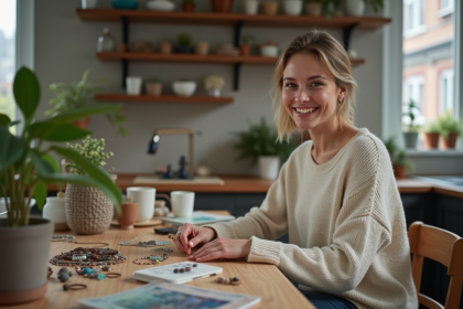 Jeune femme créant des bijoux faits main dans sa cuisine chaleureuse