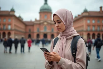 Jeune femme musulmane en hijab à Toulouse regardant son téléphone