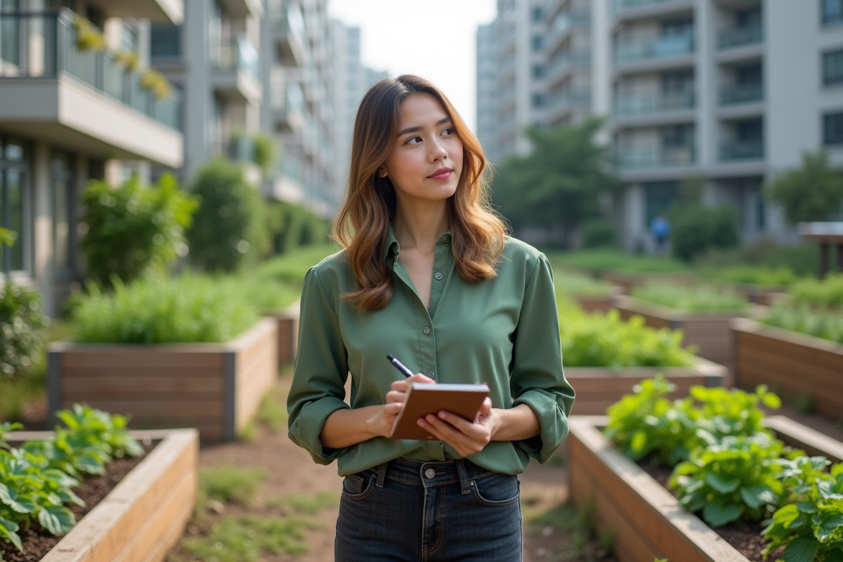 Jeune femme dans un jardin urbain avec plantes et immeubles