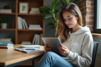 Jeune femme lisant manga Black Clover sur tablette dans un coin lecture