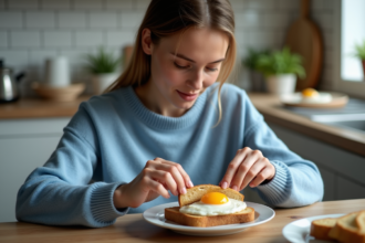 Jeune femme cassant un oeuf sur toast dans une cuisine moderne