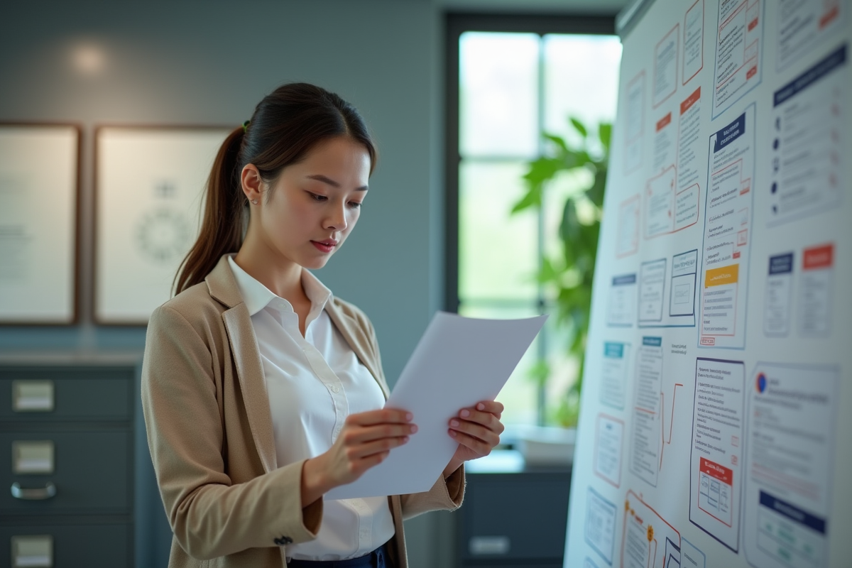 Jeune femme gestionnaire vérifiant une checklist dans un bureau