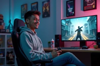 Jeune homme assis dans un fauteuil gaming en chambre moderne