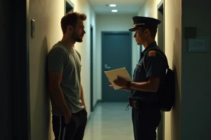 Jeune homme s'excusant devant un voisin dans un couloir d'immeuble