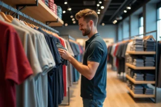 Jeune homme souriant examine un polo dans une boutique moderne