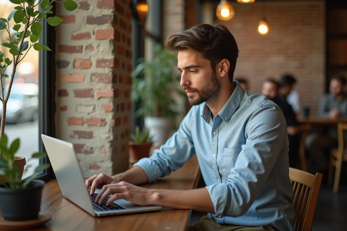 Jeune homme travaillant sur son ordinateur dans un café