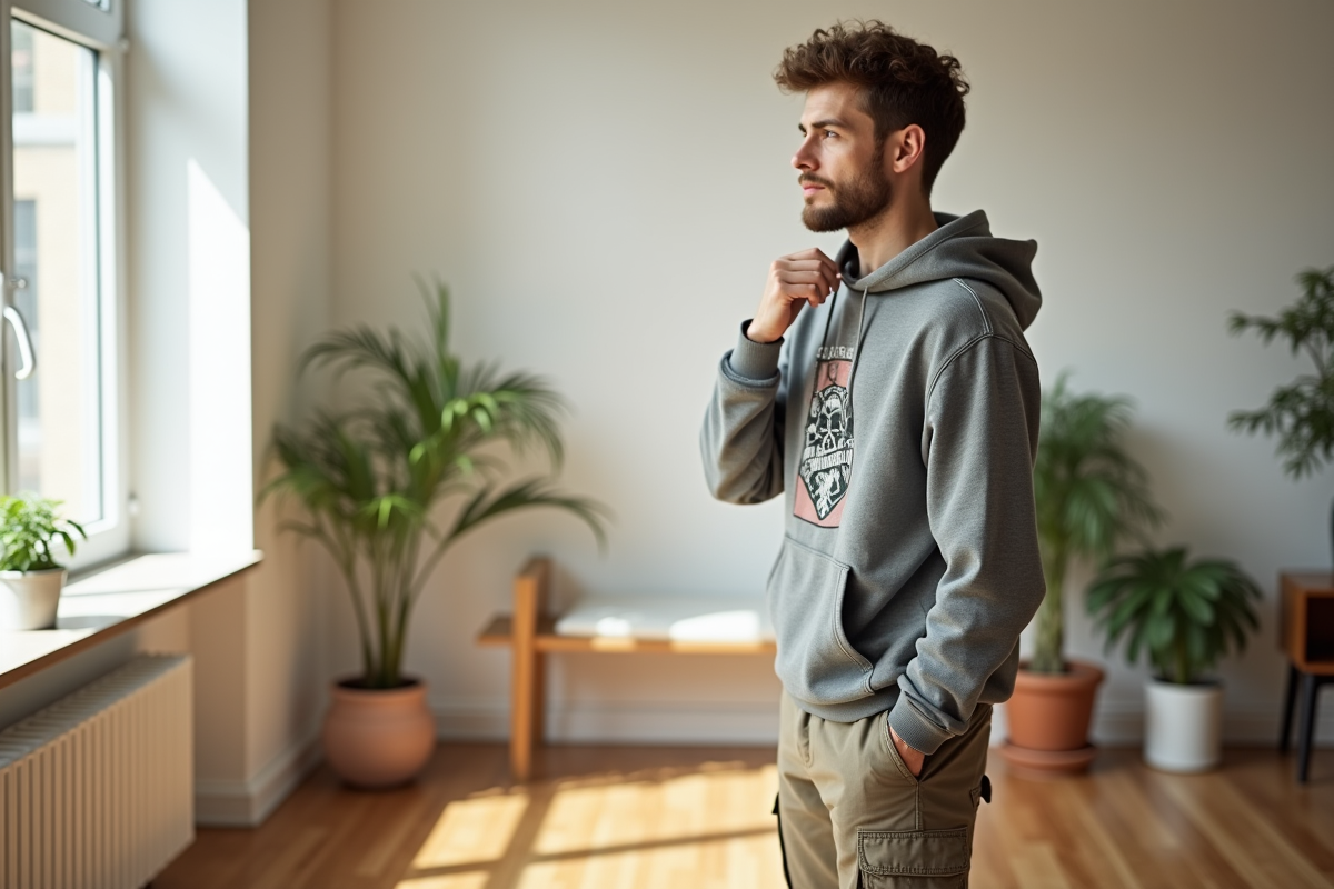 Jeune homme en hoodie graphique dans un appartement lumineux