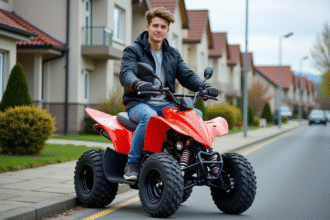 Jeune homme en motocross sur un quad en ville