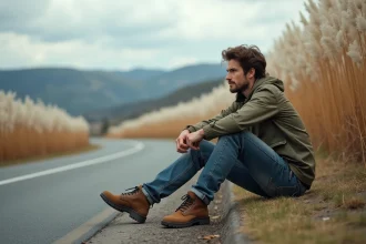 Jeune homme en tenue de randonnee ajuste ses lacets en bord de route