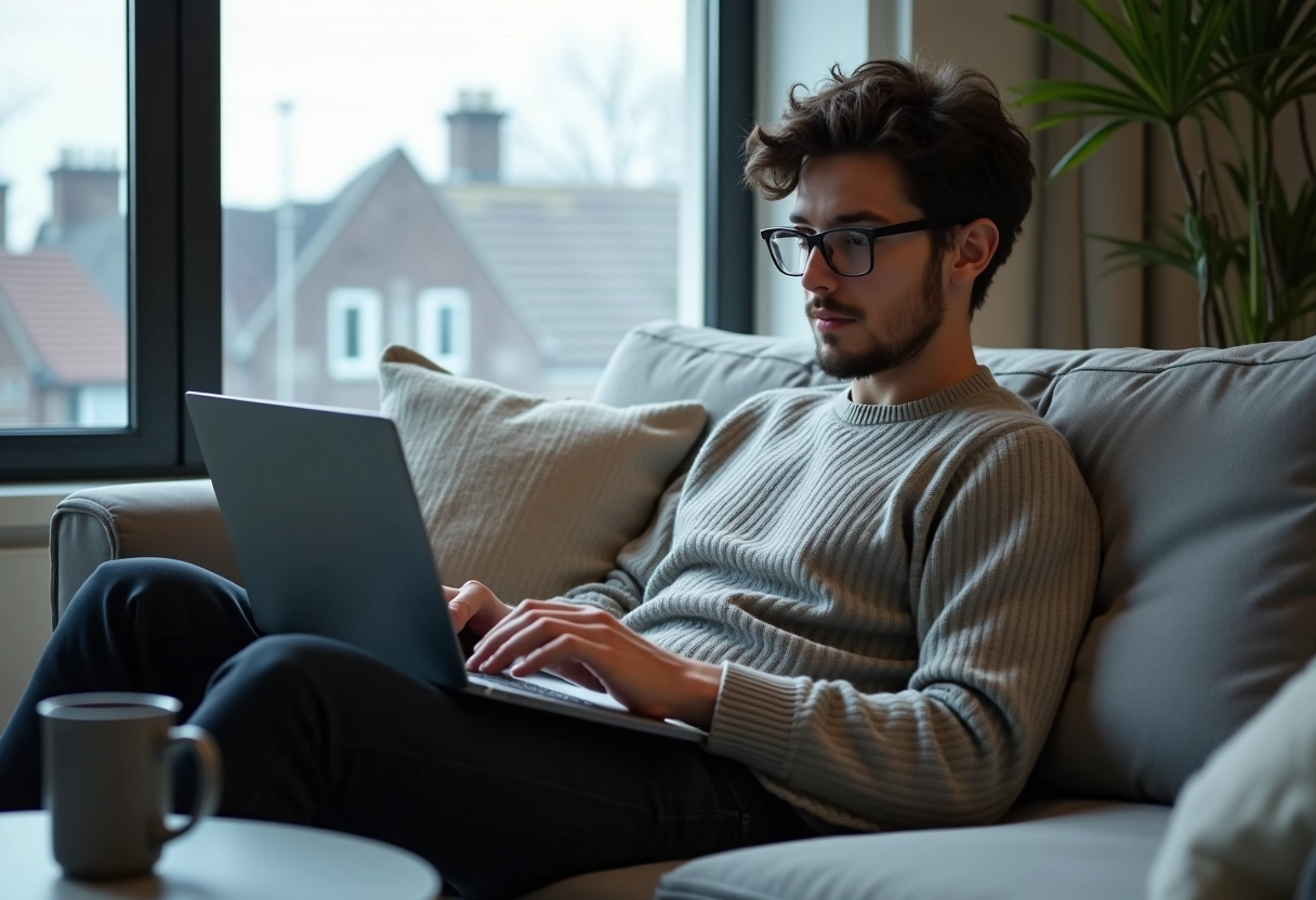 Jeune homme regardant manga sur laptop dans un salon moderne