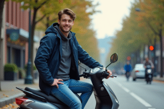 Jeune homme en windbreaker sur scooter en ville