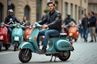 Jeune homme sur scooter vintage en ville
