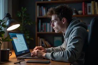 Jeune homme frustré devant un ordinateur portable affichant des avertissements de sites douteux lors de sa recherche du scan 290 de One Punch Man