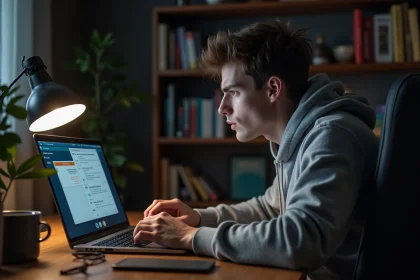 Jeune homme frustré devant un ordinateur portable affichant des avertissements de sites douteux lors de sa recherche du scan 290 de One Punch Man