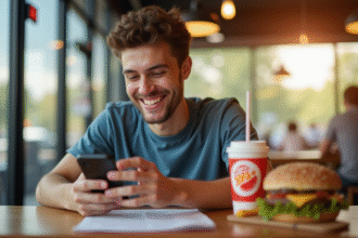 Jeune homme souriant dans un restaurant Burger King en remplissant un sondage