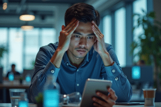 Jeune professionnel stressé entouré de notifications sur ses appareils
