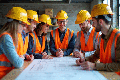 Groupe de jeunes adultes en discussion avec plans de construction