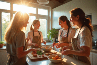 Jeunes adultes cuisinant dans une cuisine moderne et lumineuse