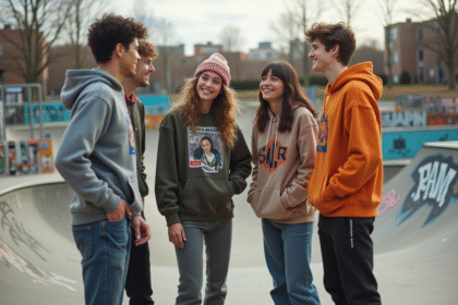 Groupe de jeunes dans un skate park urbain en sweat oversize