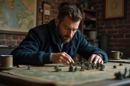 Joueur adulte concentré déplaçant des figurines militaires sur une carte de guerre stratégique dans une salle de jeu atmosphérique