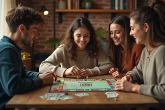 Trois adultes jouent à Monopoly dans un salon chaleureux