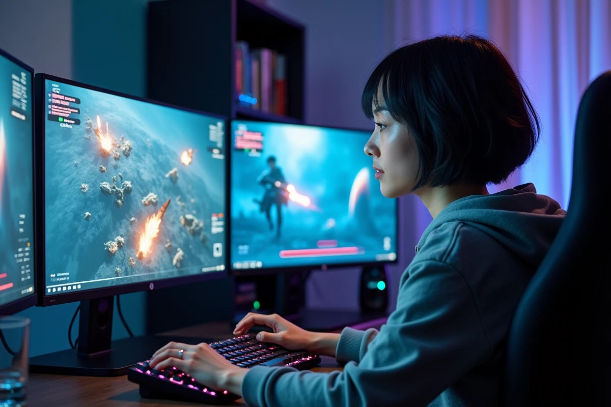 Joueuse adulte sur une station PC triple écran jouant à un jeu de stratégie futuriste avec interface de bataille spatiale