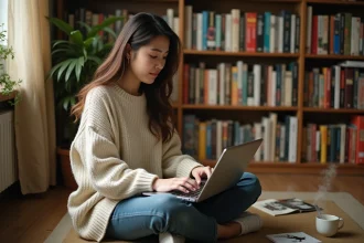 Jeune femme lisant des bandes dessinées en ligne sur un ordinateur portable dans un coin lecture confortable entouré de mangas