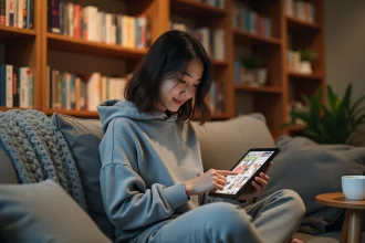 Jeune femme lisant des mangas légalement sur une tablette depuis une application officielle, assise confortablement dans son salon