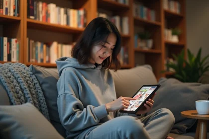 Jeune femme lisant des mangas légalement sur une tablette depuis une application officielle, assise confortablement dans son salon
