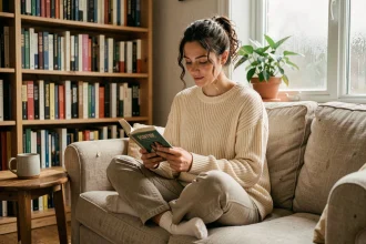 Femme lisant un roman romance sur liseuse numérique dans un salon cosy entouré de livres en 2026