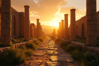 Lever de soleil sur les ruines antiques de Timgad en Algérie