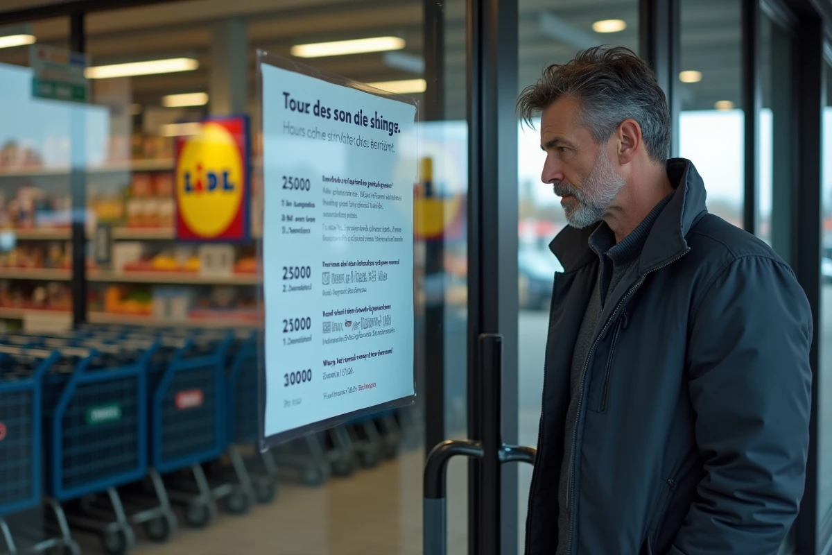 Un homme consulte les horaires d'ouverture du dimanche affichés sur la porte d'un magasin Lidl