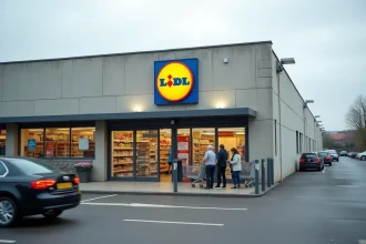 Entrée d'un supermarché Lidl un dimanche matin avec des clients devant les portes automatiques