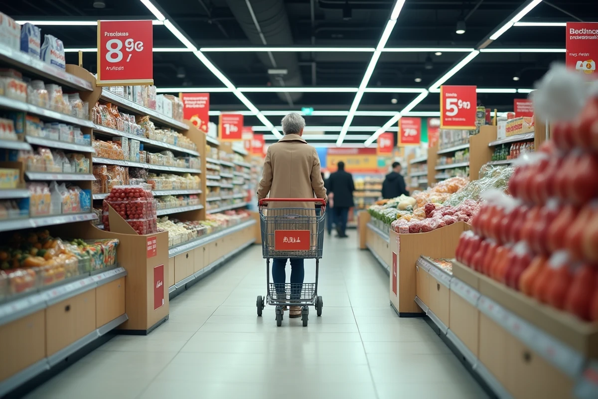 Intérieur d'un Lidl ouvert le dimanche avec une cliente faisant ses courses dans un rayon bien approvisionné
