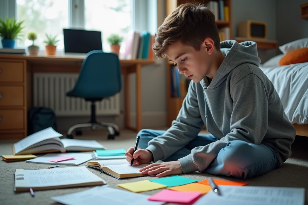 Lycéen qui révise les figures de style pour le bac de français entouré de fiches de révision colorées sur le sol de sa chambre