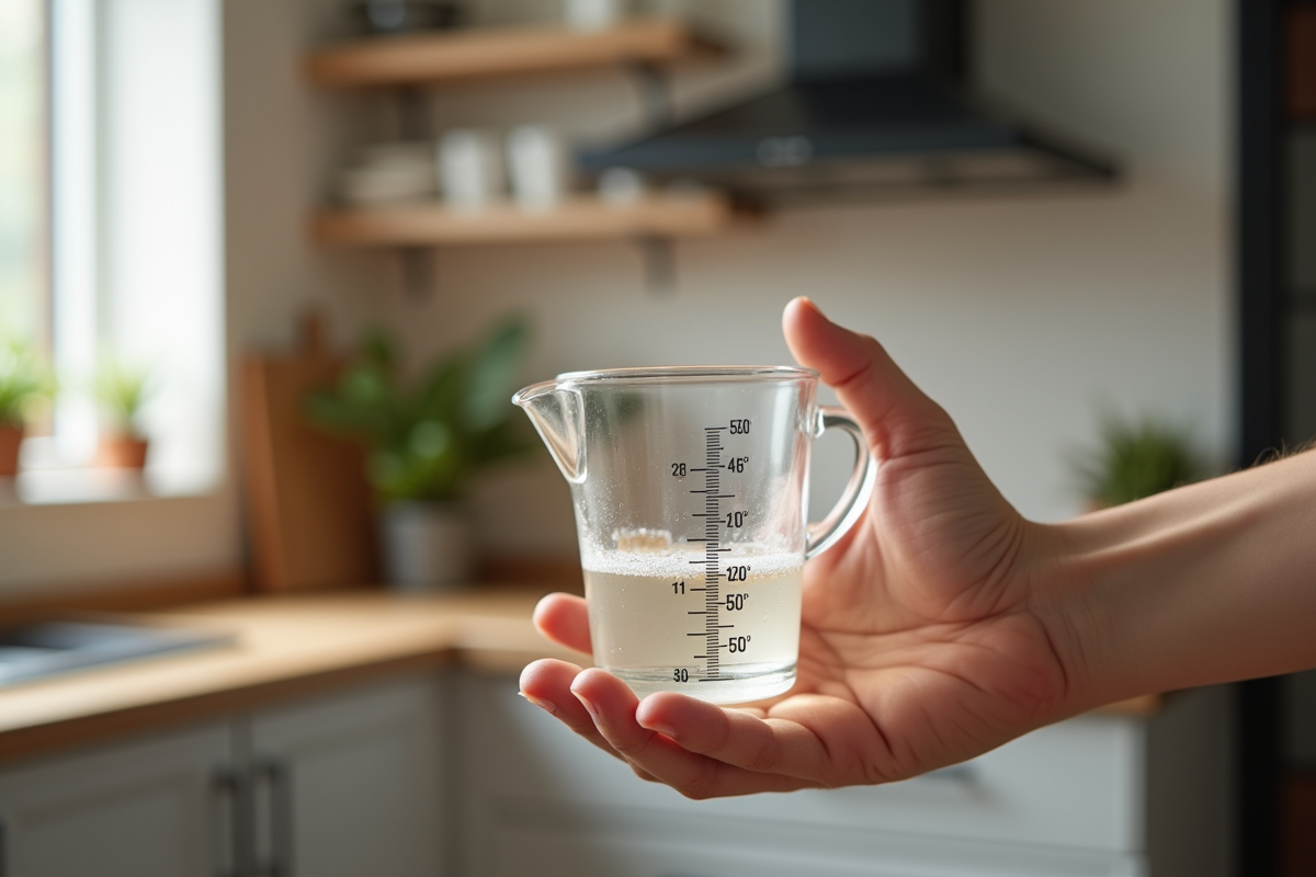 Main tenant un verre mesureur rempli à 50 cl dans une cuisine moderne