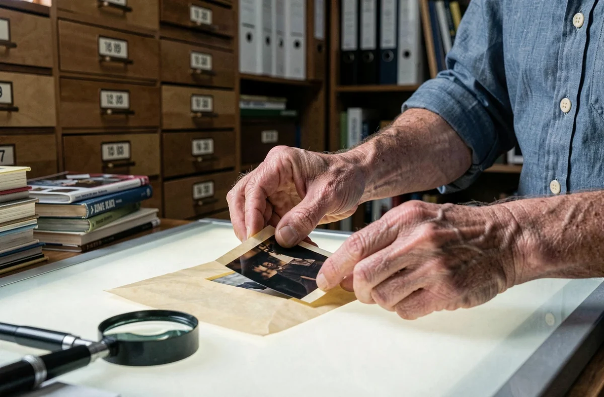 Mains de photographe manipulant un négatif grand format sur une table lumineuse entourée d'archives personnelles classées