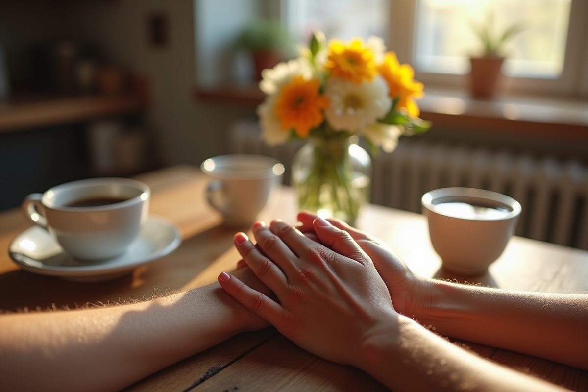 Mains entrelacees sur une table en bois avec cafe et fleurs