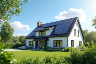 Maison moderne avec panneaux solaires sous un ciel bleu en banlieue