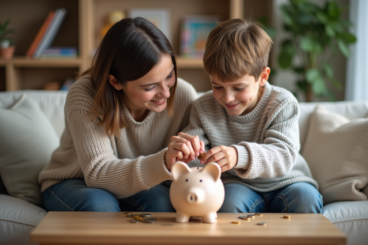 Maman et enfant apprenant à mettre des pièces dans une tirelire