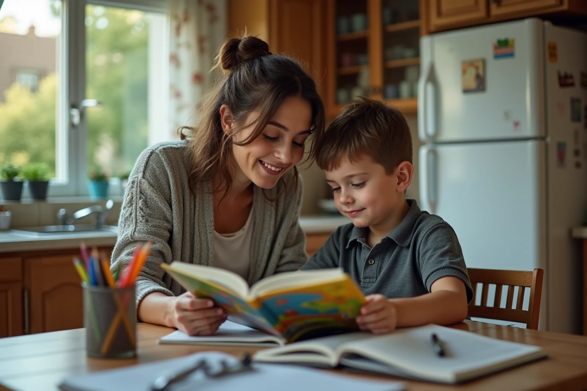 Une mère lit un livre illustré avec son fils à la cuisine