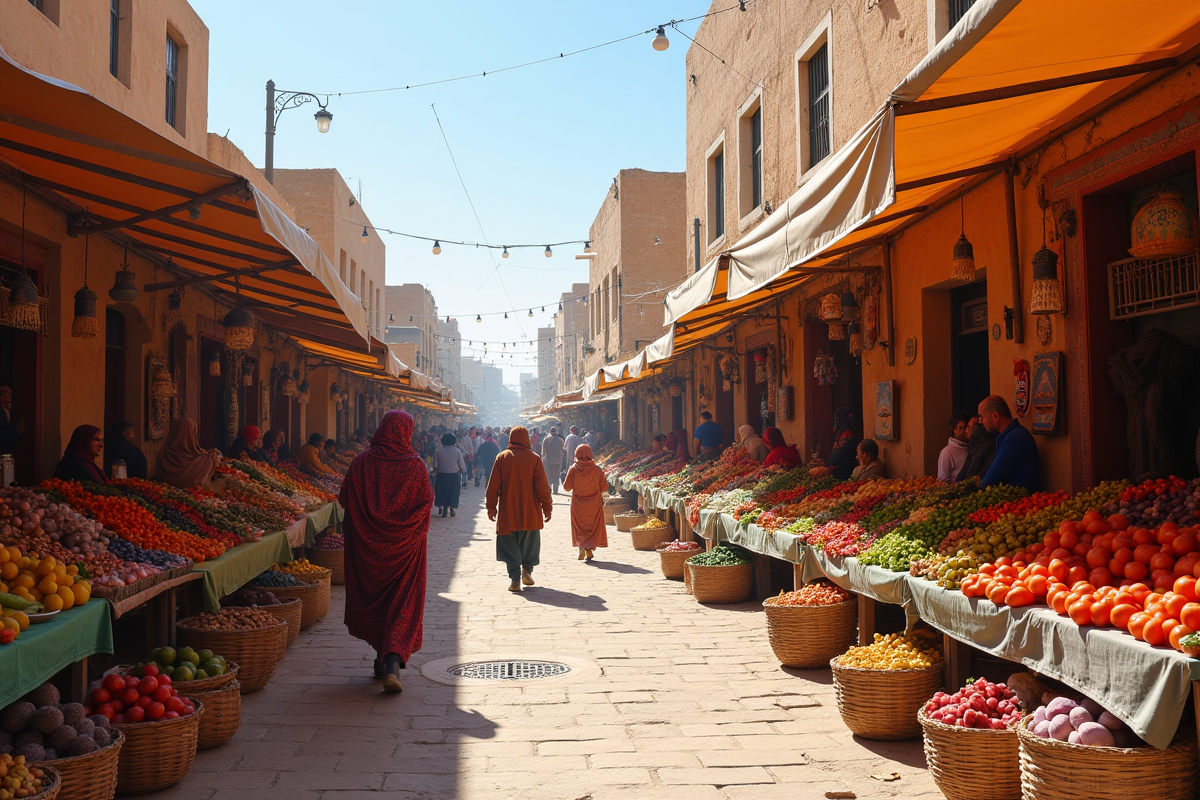 Marché animé avec produits locaux à Timgad en Algérie