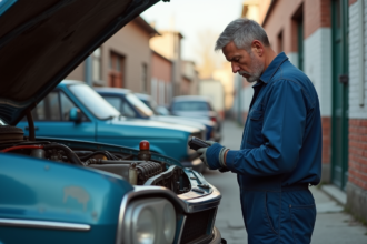 Mécanicien homme à l'extérieur près d'une vieille voiture diesel