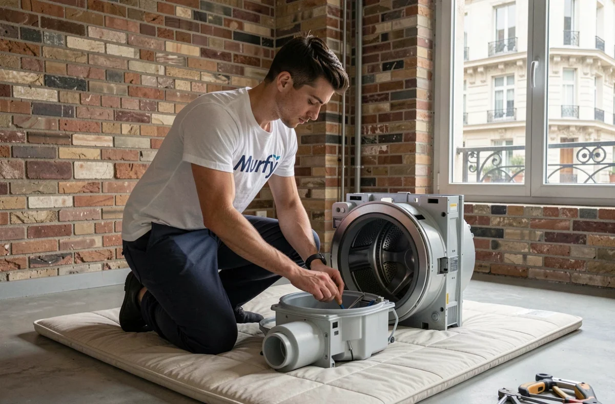 Technicien Murfy réparant un lave-linge dans un appartement urbain moderne avec vue sur rue