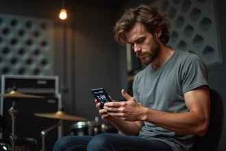 Musicien vérifiant une application de mesure en décibels sur smartphone avant une répétition en studio